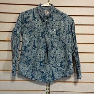 Cinch Kids Long Sleeve Paisley Western Button Down Shirt Blue White Size M 10